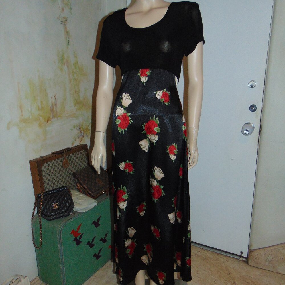 Vintage 90s Sabora Maxi Dress Size 14 Black Floral Whimsigoth Fairy Boho Small